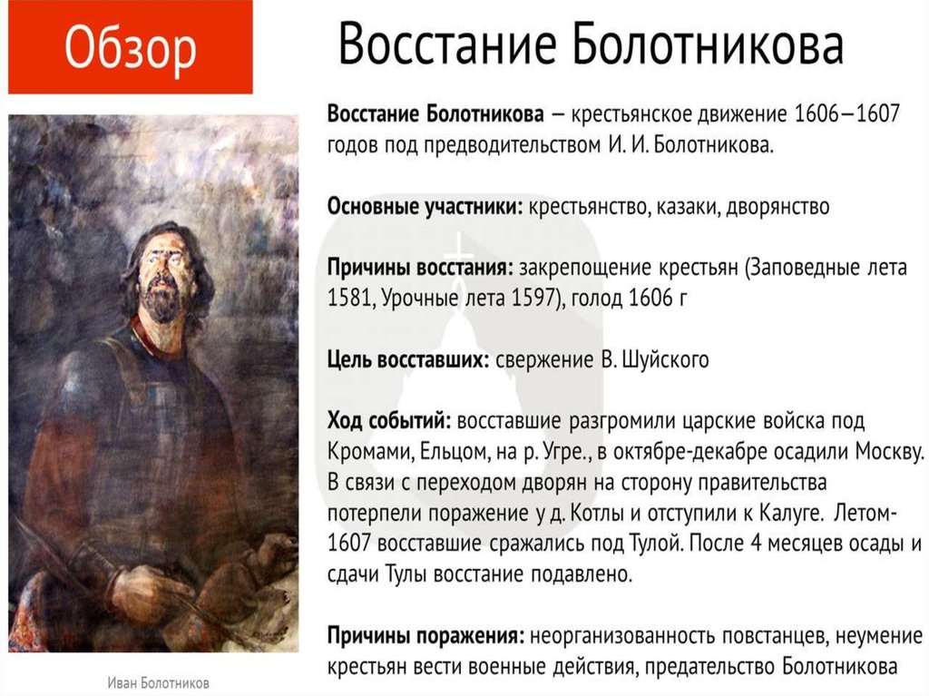 Восстание ивана болотникова. причины, итоги, события, участники. таблица.